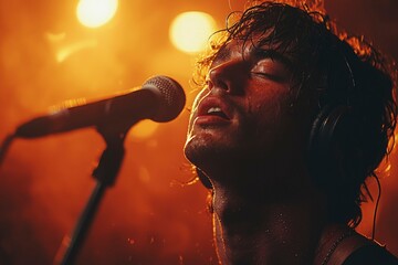A Sweaty Male Singer With Headphones and a Microphone Performing on Stage