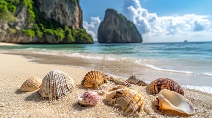 A serene beach in Thailand with a backdrop of dramatic cliffs and crystal-clear waters. In the foreground,