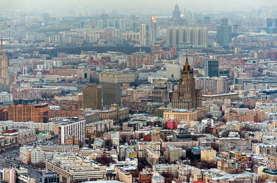 Aerial view of the iconic building of the Ministry of Foreign Affairs of Russia in a beautiful cityscape, Moscow, Russia.