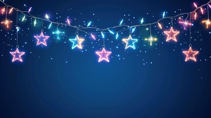 Christmas Stars String Lights In Eve Night - Garland In Blue Abstract Background