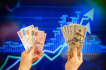 American dollar and Turkish lira on woman's hand and stock market screen, money chart background