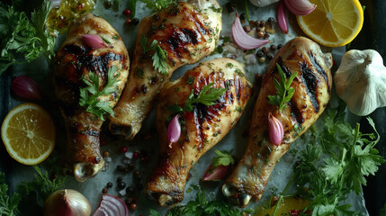 "Savory Grilled Chicken Drumsticks with Fresh Herbs and Citrus Garnish"

