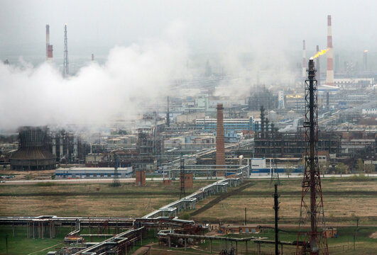Aerial view of Sterlitamak Petrochemical Plant with industrial structures and smoke, Bashkortostan Republic, Russia.