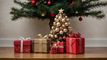 Christmas tree with ornaments, gift boxes and dark wooden wall as copy-space in the background