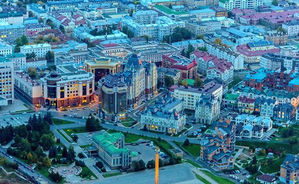 Aerial view of vibrant cityscape with historic and modern buildings, Kazan, Tatarstan Republic, Russia.