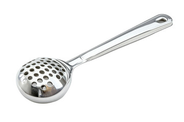 A sleek stainless steel skimmer resting elegantly on a white background