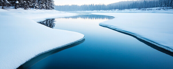 Serene winter river with snow-covered banks, reflecting the tranquil landscape.