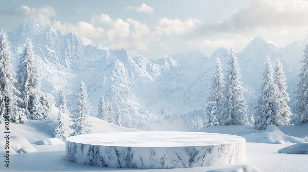 Poster empty marble podium displaying products against snowy mountain range with pine trees in winter lands