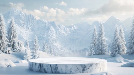 Empty marble podium displaying products against snowy mountain range with pine trees in winter landscape
