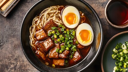 A bowl of chashu ramen, featuring tender braised pork belly, scallions, and soft-boiled eggs in a rich broth.


