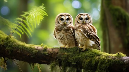 Two Barred Owls Perched on Mossy Branch in Lush Green Forest with Soft Bokeh Background