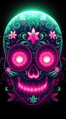 Fototapeta premium Vibrant Neon Sugar Skull with Floral Patterns Celebrating Day of the Dead in Glowing Artistic Style
