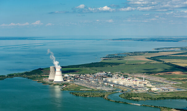 Russia - 13 June 2016: Aerial view of the industrial landscape featuring the rostov nuclear power plant and cooling towers near Tsimlyansk reserve, Rostov Oblast, Russia.