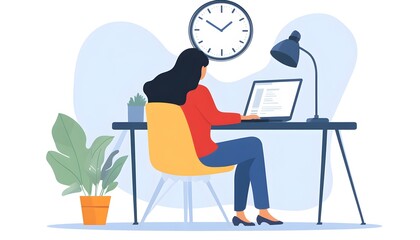 Woman working on a laptop at a desk with a clock and lamp