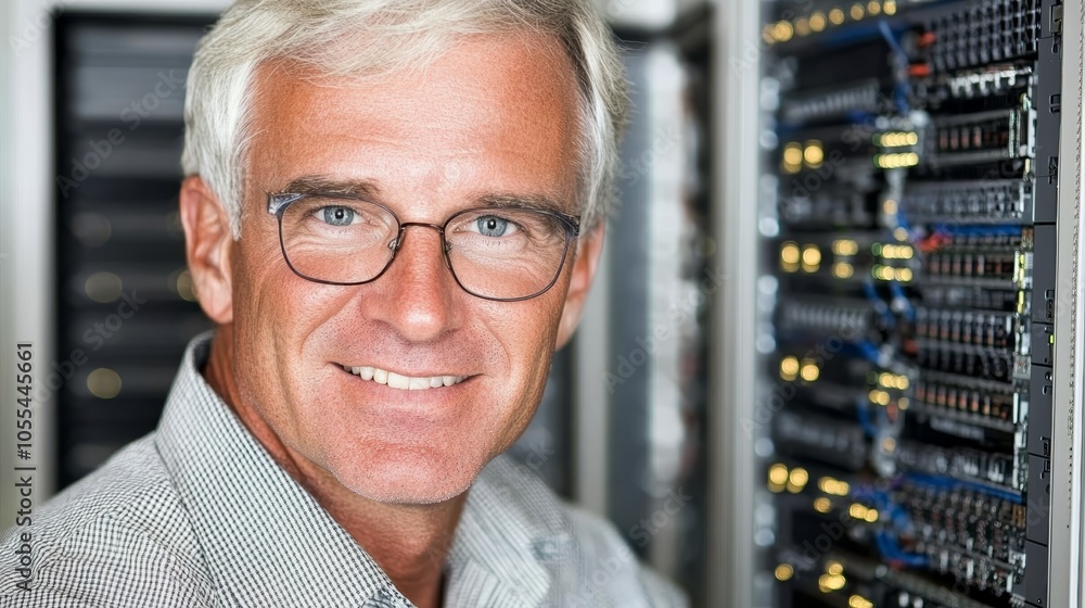 Poster it specialist with glasses monitors server rack in hightech data center, ensuring network stability 