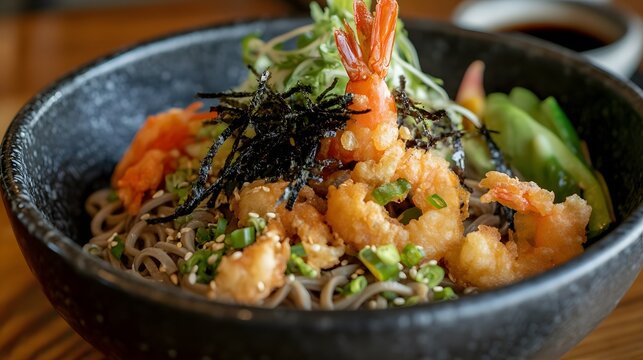 A bowl of soba with tempura, featuring cold soba noodles served with a side of crispy tempura shrimp and vegetables.


