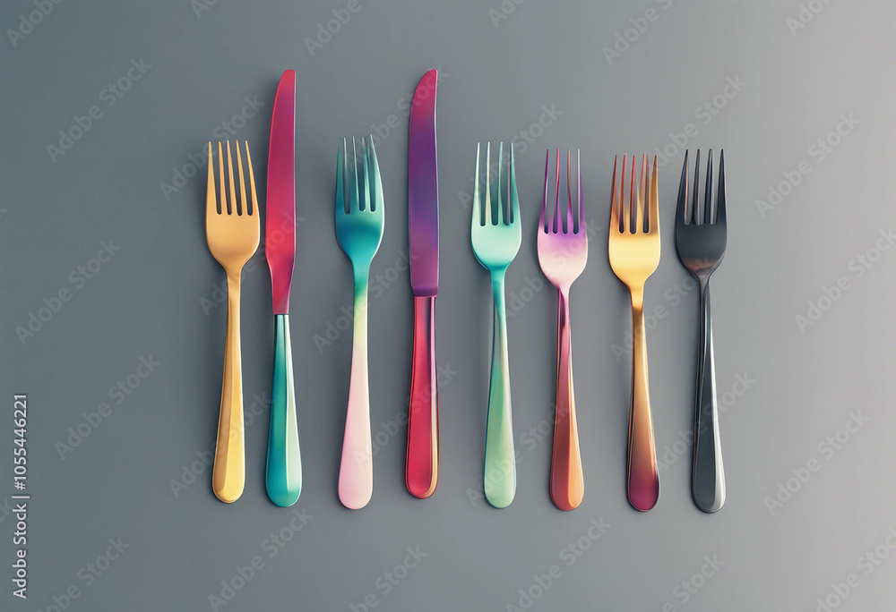 Poster set of various modern realistic dinner forks in different colours isolated on transparent background