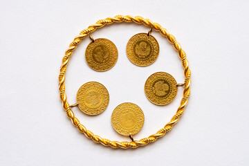 Macro shot of Turkish gold (Quarter or Full gold) on a white background