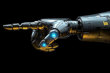Fototapeta premium Robot hand shows the way. Close up illustration with a mechanical hand.
