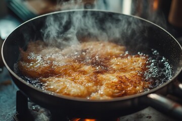 Hanukkah Latkes Cooking: A close-up shot of latkes frying in a pan, with the sizzling oil and golden-brown color of the potato pancakes highlighted. The background includes traditional kitchen items, 