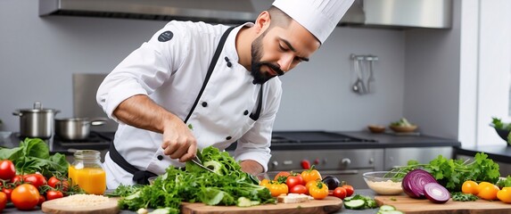 Culinary preparation scene with a chef assembling a vibrant, balanced vegan meal, focused on health food trends