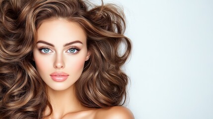 Naklejka premium Captivating portrait, woman with striking blue eyes and luxurious flowing brown hair