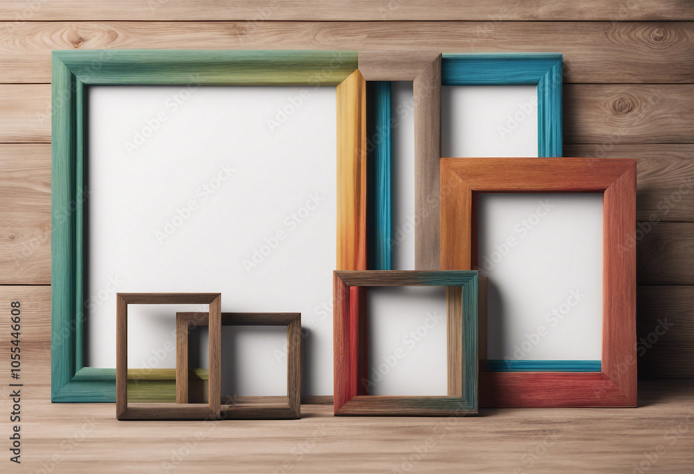 Poster set of various multicolour empty wooden picture frame blank mock-up isolated on transparent backgrou