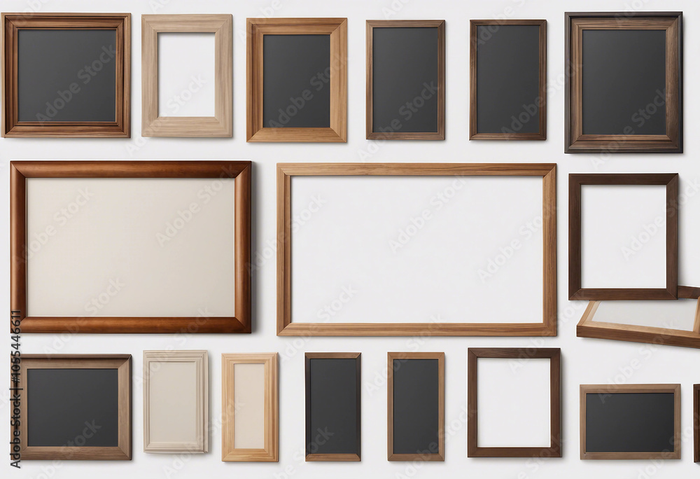 Poster set of various multicolour empty wooden picture frame blank mock-up isolated on transparent backgrou
