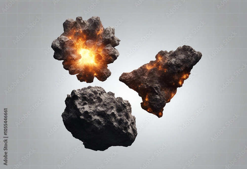 Poster set of various realistic large comet meteorites burns isolated on transparent background