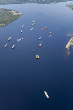 Aerial view of beautiful ships navigating the tranquil Volga River, Volgograd Oblast, Russia.