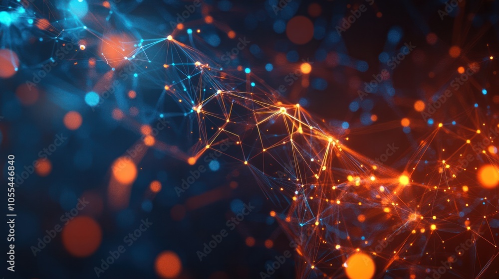Poster a futuristic digital landscape featuring interconnected blockchain data fields, with vibrant streams