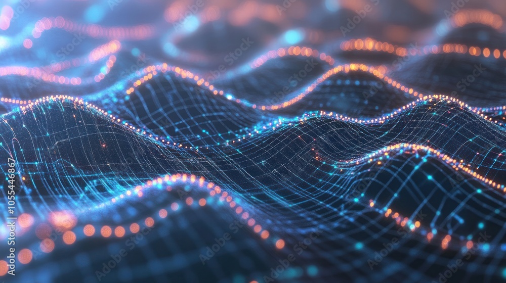 Poster a futuristic digital landscape featuring interconnected blockchain data fields, with vibrant streams