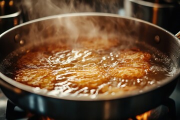 Hanukkah Latkes Cooking: A close-up shot of latkes frying in a pan, with the sizzling oil and golden-brown color of the potato pancakes highlighted. The background includes traditional kitchen items, 