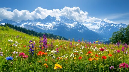 A beautiful alpine meadow with colorful flowers and snow-capped mountains in the background