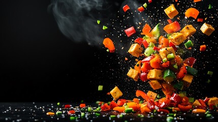 Grilled tofu with mixed vegetables, protein and fiberrich, nutrientdense, bright and clean, minimalistic presentation