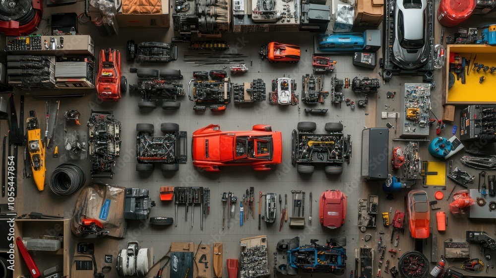 Poster an aerial view of a hobbyist's workspace filled with various state-of-the-art model vehicles in diff