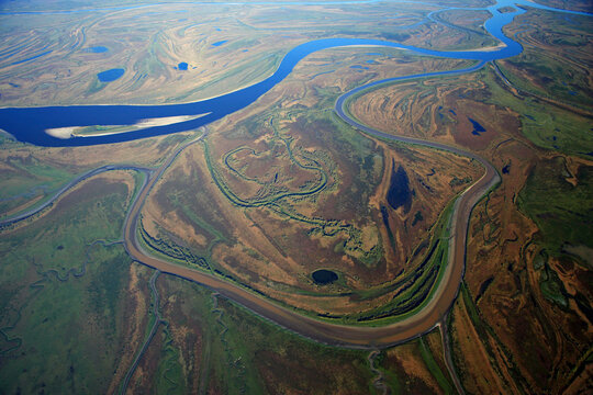 Aerial view of autumn siberian taiga with meandering ob river and lush wetland, Khanty Mansi Autonomous Okrug, Russia.