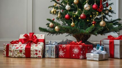 Christmas tree with ornaments, gift boxes and dark wooden wall as copy-space in the background