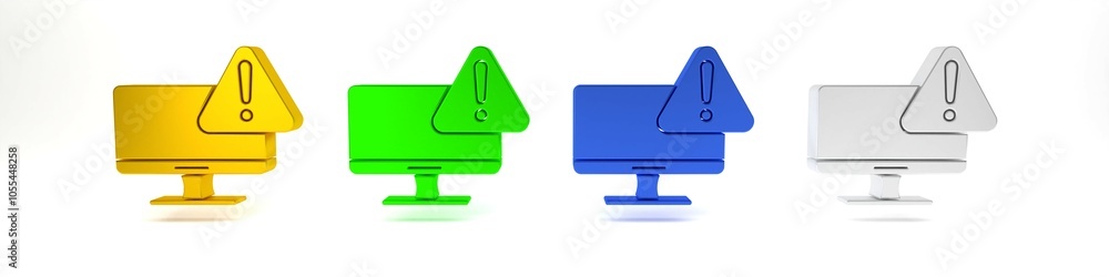 Poster colorful computer monitor with exclamation mark icon isolated on white background. alert message sma