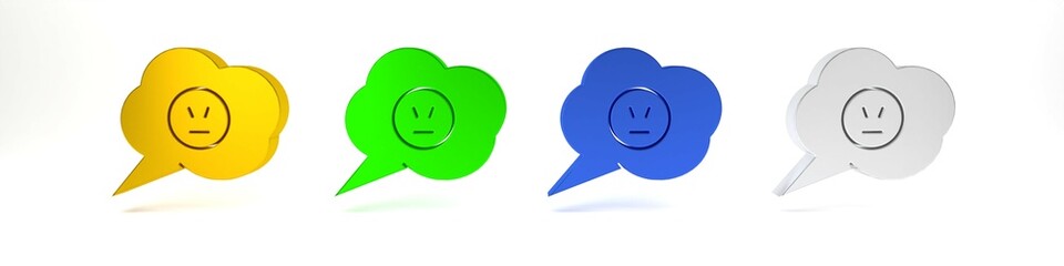 Colorful Speech bubble with angry smile icon isolated on white background. Emoticon face. Minimalism concept. 3D render illustration