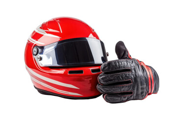 A vibrant red racing helmet and leather gloves showcase the thrill of motorsport competition