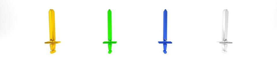 Obraz premium Colorful Medieval sword icon isolated on white background. Medieval weapon. Minimalism concept. 3D render illustration
