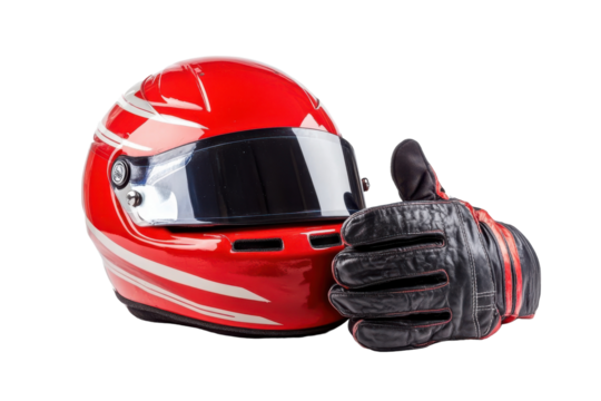 A vibrant red racing helmet and leather gloves showcase the thrill of motorsport competition