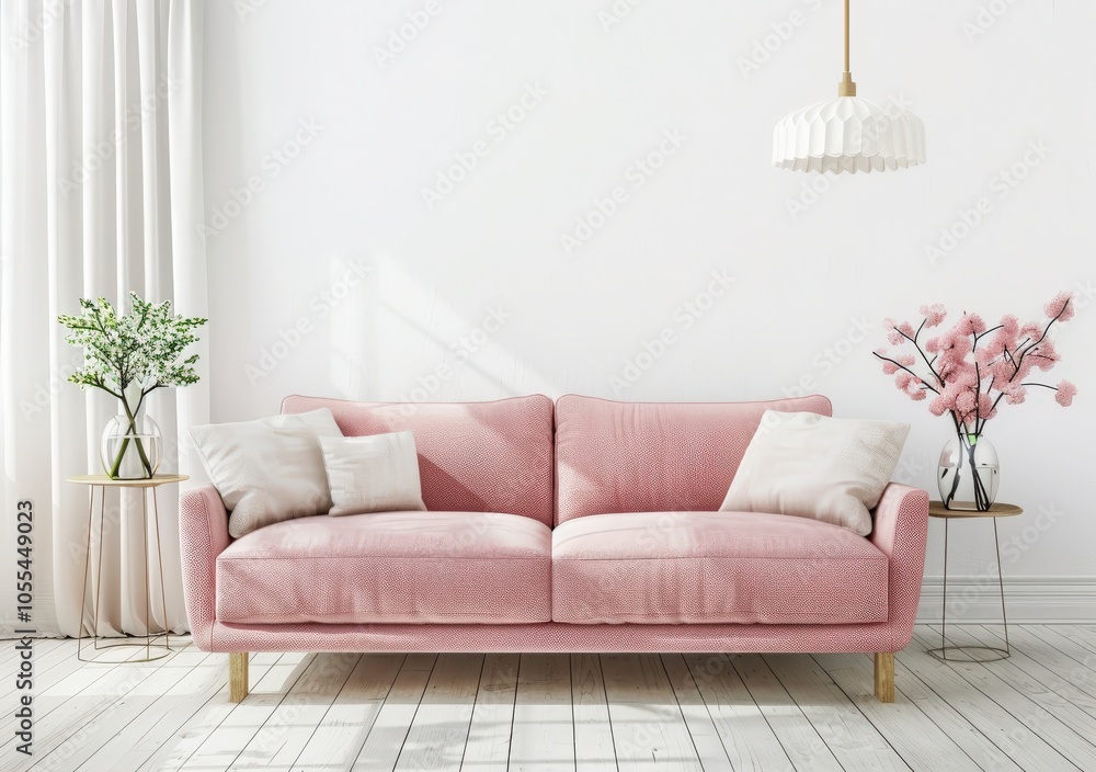 Wall mural a minimalist living room interior with a pink sofa. two side tables. a white curtain. and a hanging 