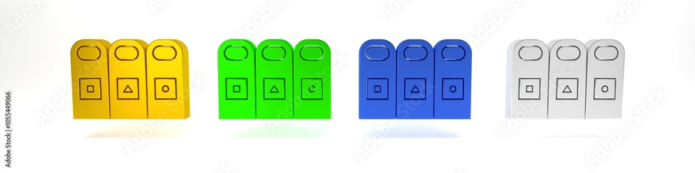 Poster colorful trash in garbage cans with sorted garbage icon isolated on white background. recycle basket