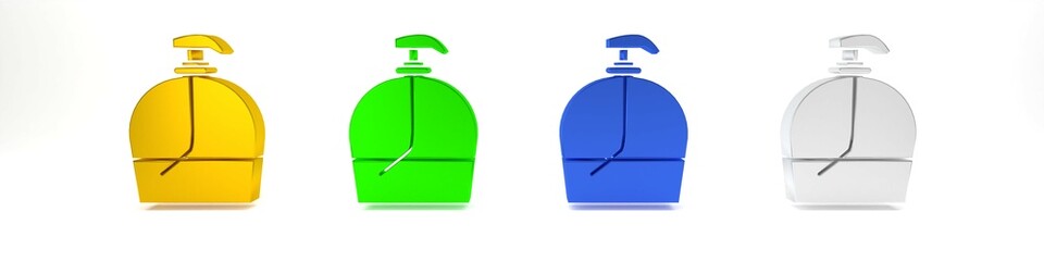 Colorful Bottle of liquid antibacterial soap with dispenser icon isolated on white background. Disinfection, hygiene, skin care. Minimalism concept. 3D render illustration