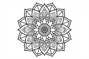 Intricate black and white mandala design featuring floral patterns and symmetrical shapes, ideal for coloring or artistic inspiration.