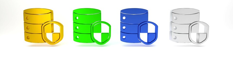 Colorful Server with shield icon isolated on white background. Protection against attacks. Network firewall, router, switch, data. Minimalism concept. 3D render illustration