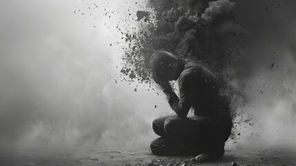 Obraz premium Man Disintegrating Despair Loneliness Emotional Pain Black and White Photography