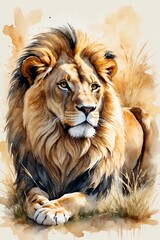 Majestic lion resting in the grass with a calm expression in a watercolor style